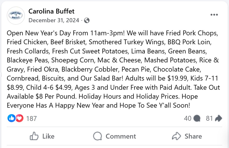 Carolina Buffet Menu with Prices